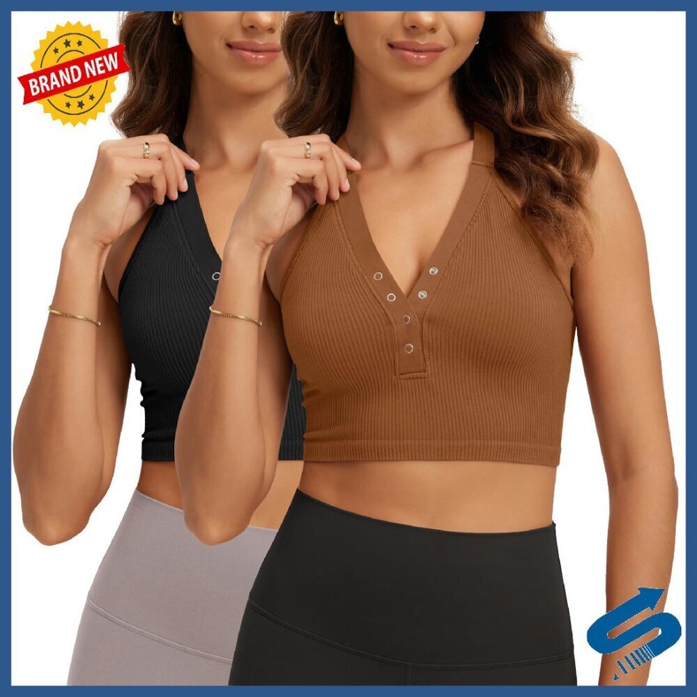 Seamless Ribbed Henley Crop Tank Top - Open Back Slim Fit Workout